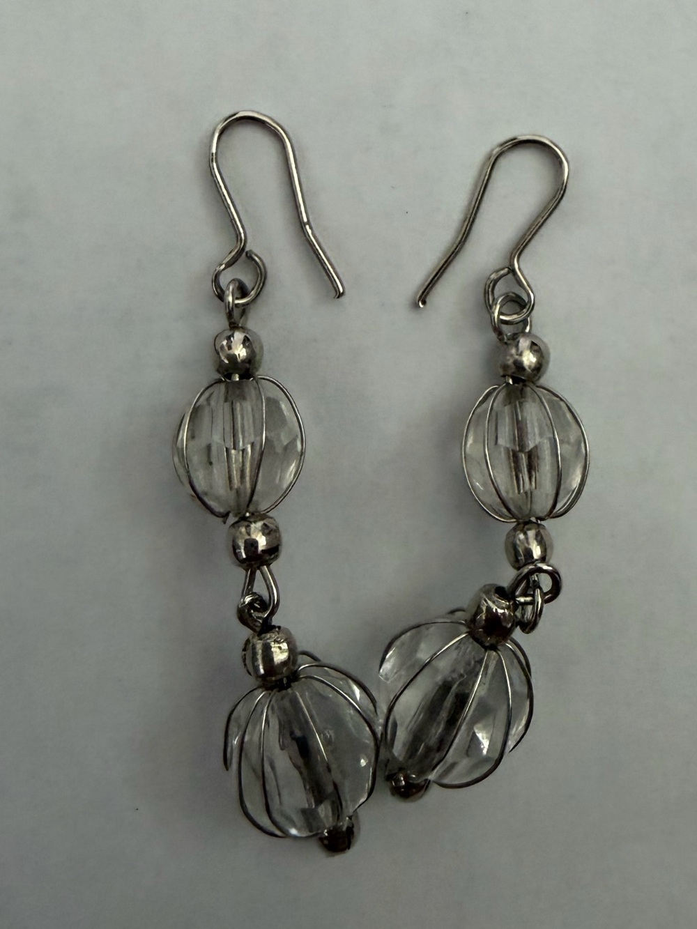 Silver Tone Clear Bead Dangle Earrings